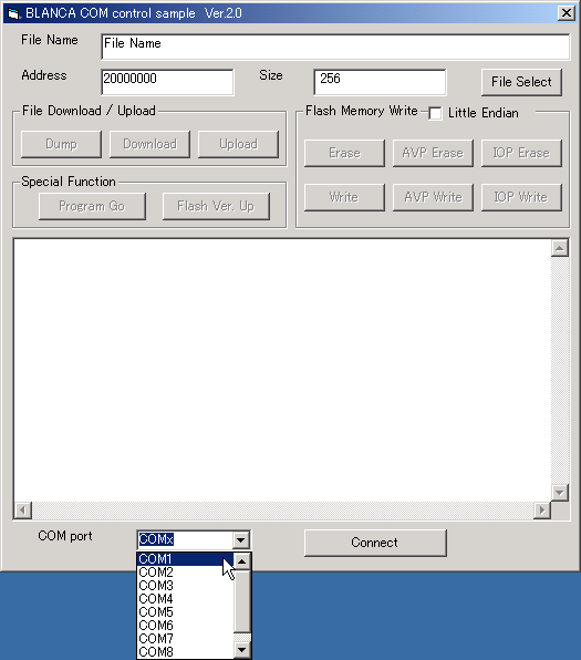 COM経由フラッシュ書き換えツールの起動画面と接続COMポートの選択
